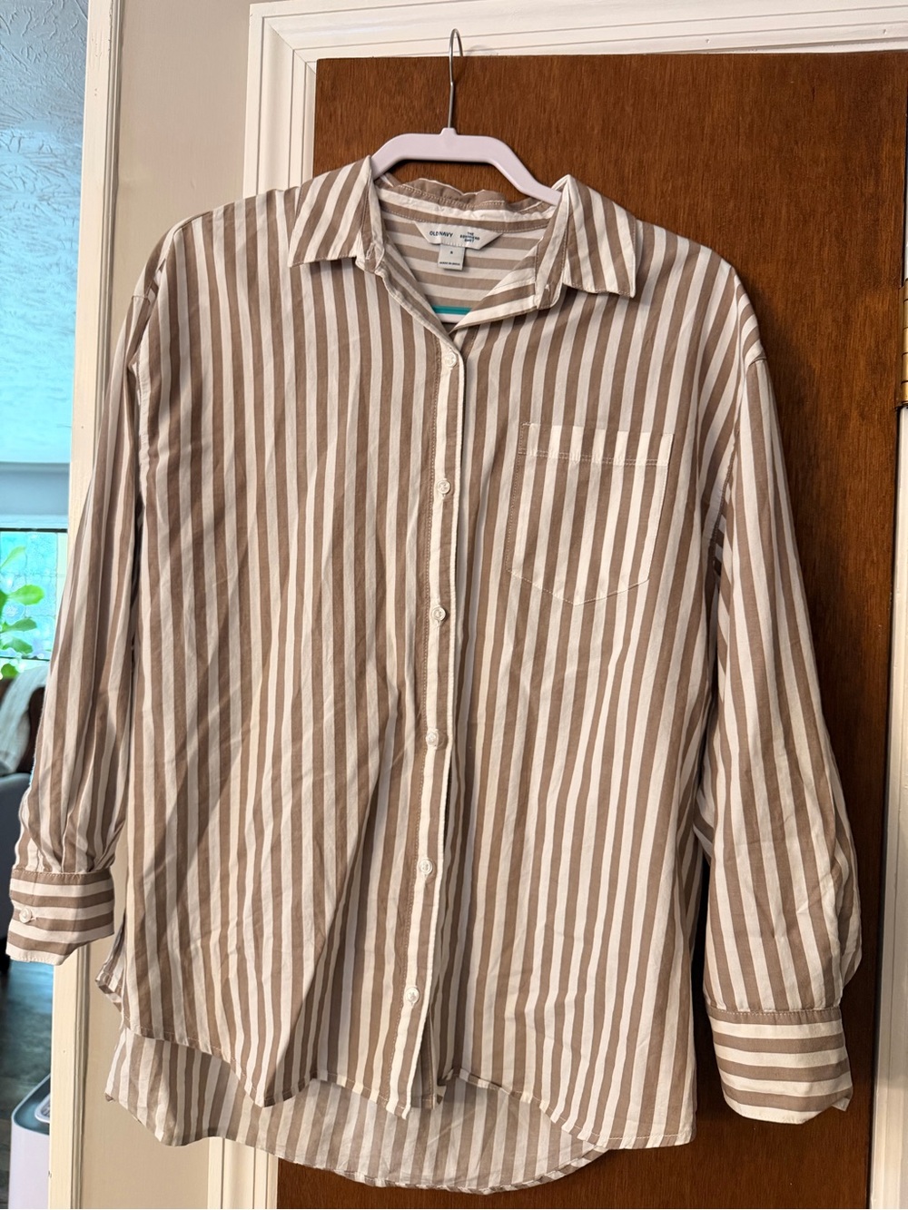 Old Navy Women’s Taupe & White Stripe Button-Up Shirt